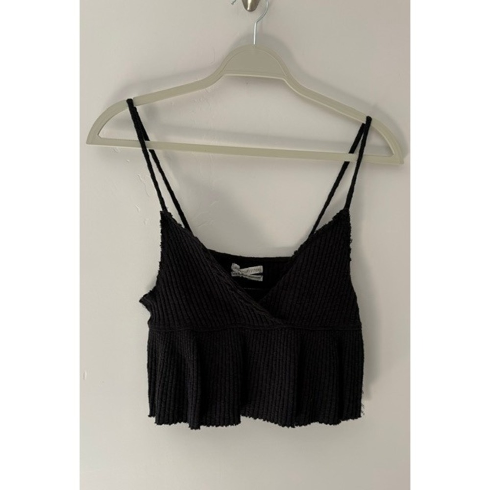 Urban Outfitters Black Ribbed Knit Surplice Cami Top Double Strap Peplum NWT M
